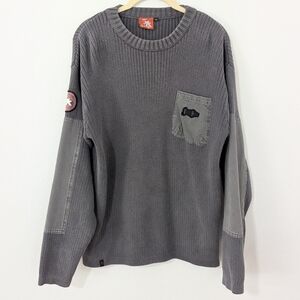 Vintage Y2K Gotcha Knit Sweater Pocket Elbow Patch Logo Gray Medium M